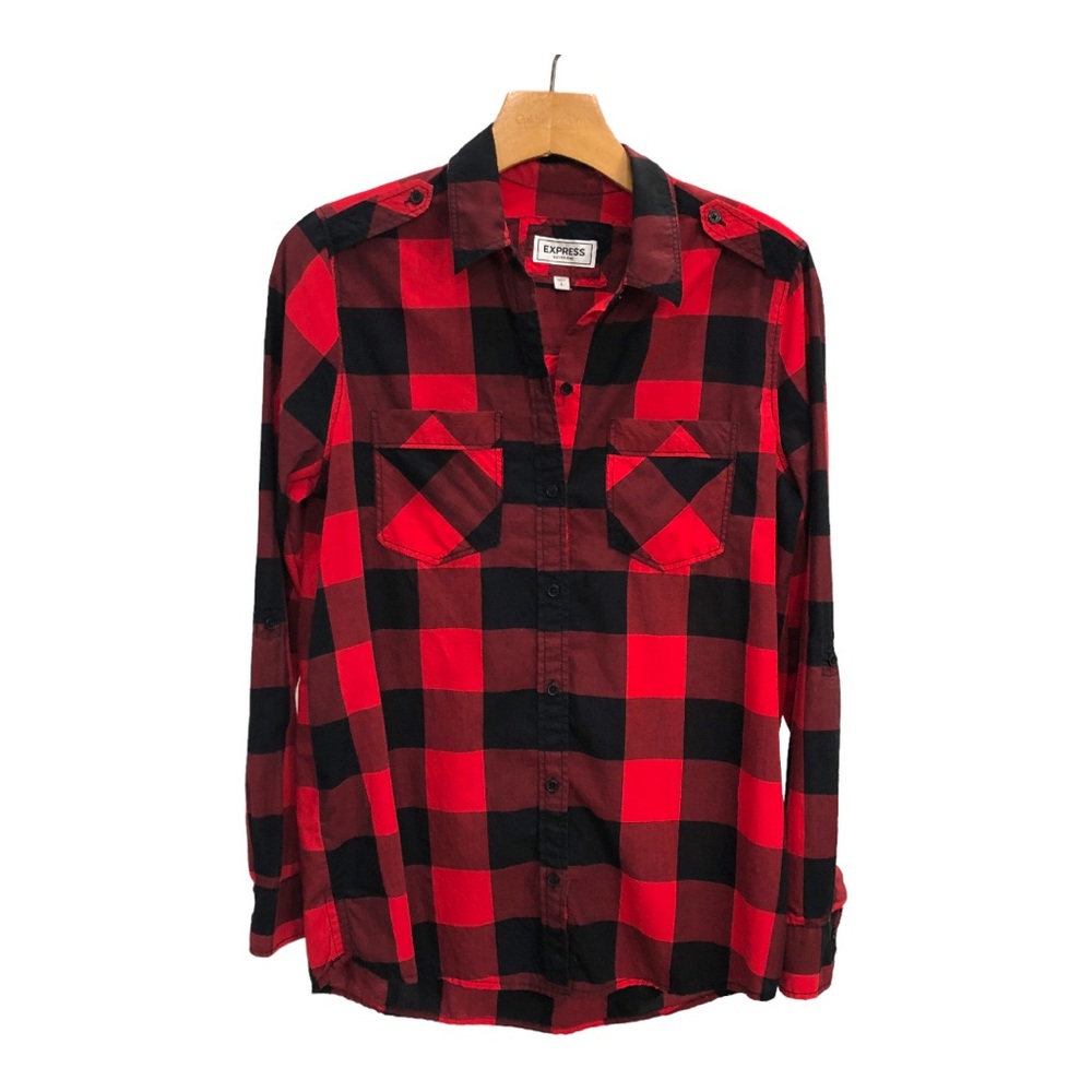Express Red and Black Plaid Boyfriend Button Down Size Small Petite